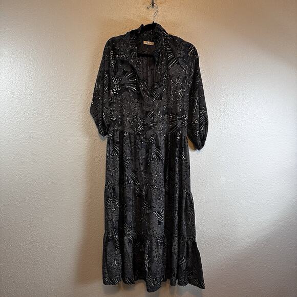 Paani Maxi Dress M Blue Gold Paisley Print Tiered Ruffle 3/4 Sleeve Boho - Picture 1 of 7